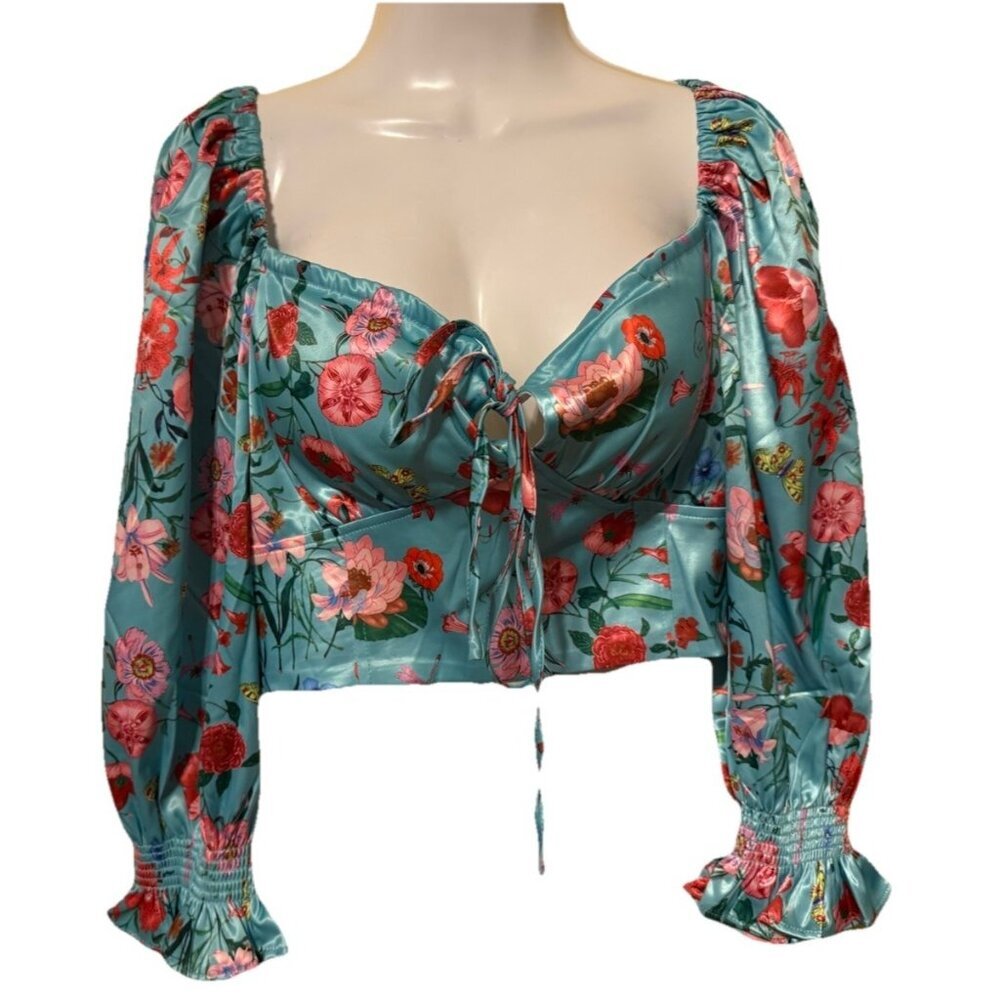 Alania Cropped Blouse Top Sweetheart Neckline Long Sleeve Size‎ Medium Lined